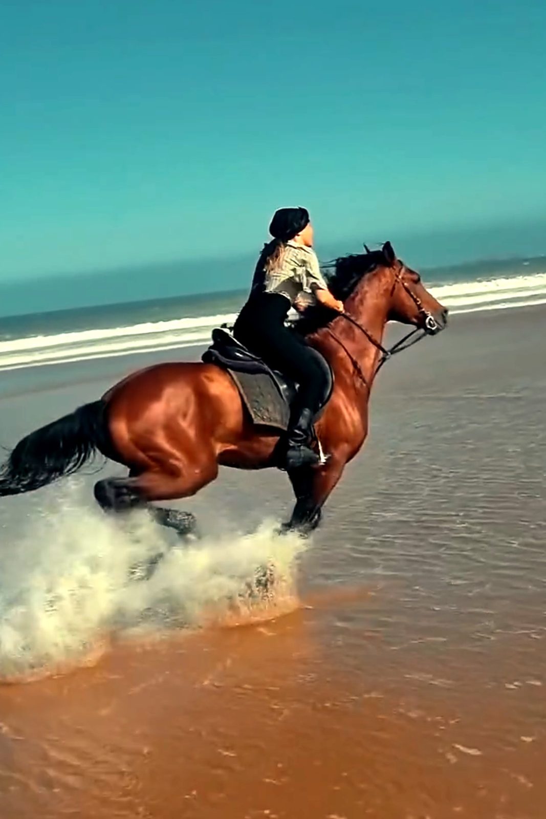 Une cavalière au galop dans l'eau
